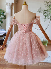 A-Line Off Shoulder Tulle Lace Pink Short Prom Dresses, Pink Homecoming Dresses